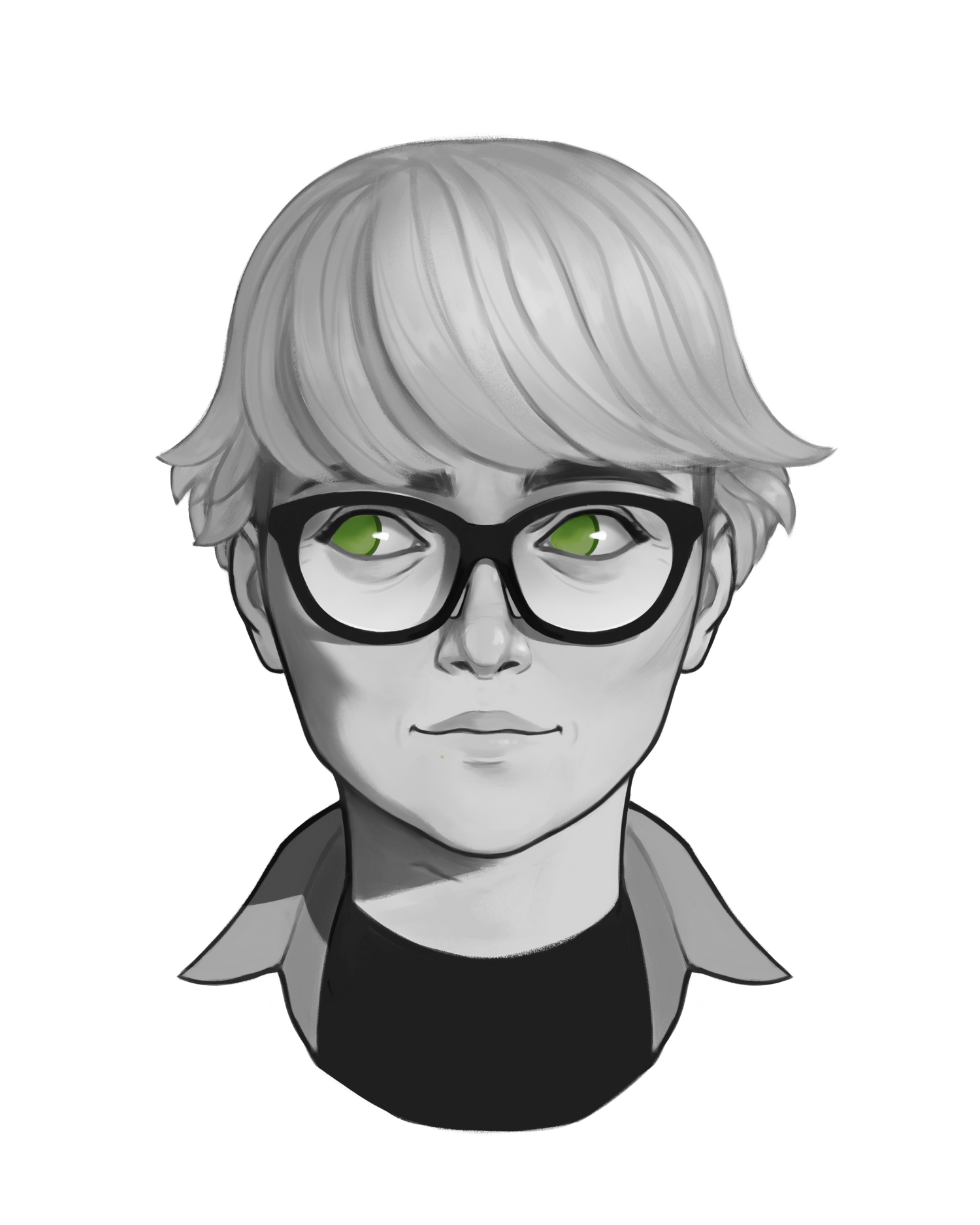 Illustrated portrait of a gender-ambiguous person with short blond hair, green eyes, and glasses